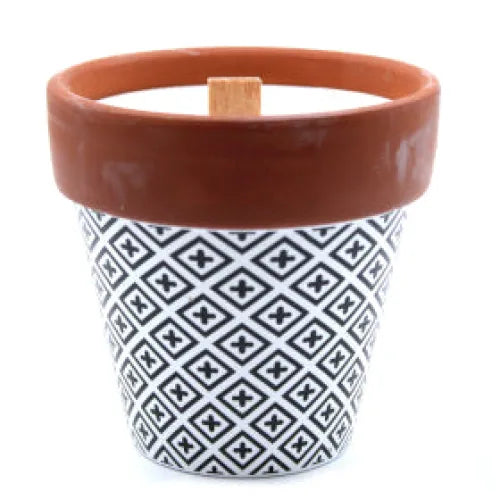 Terra cotta pot met zwart-wit geometrisch ruitpatroon voor 210g Sojawas Aromatherapie