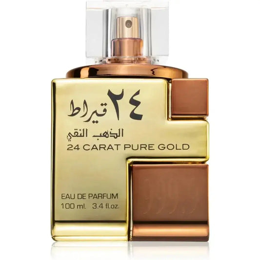 Een luxe 24-karaats puur gouden parfumfles met een strak geometrisch design en een transparante spraydop