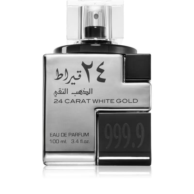 Zilveren en zwarte parfumfles met heldere dop van Lattafa Parfum 24 Carat Silver