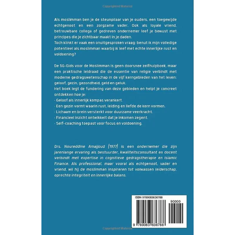 Blauwe boekomslag met witte tekst en barcode van de 5g-gids voor de moslimman praktische leidraad
