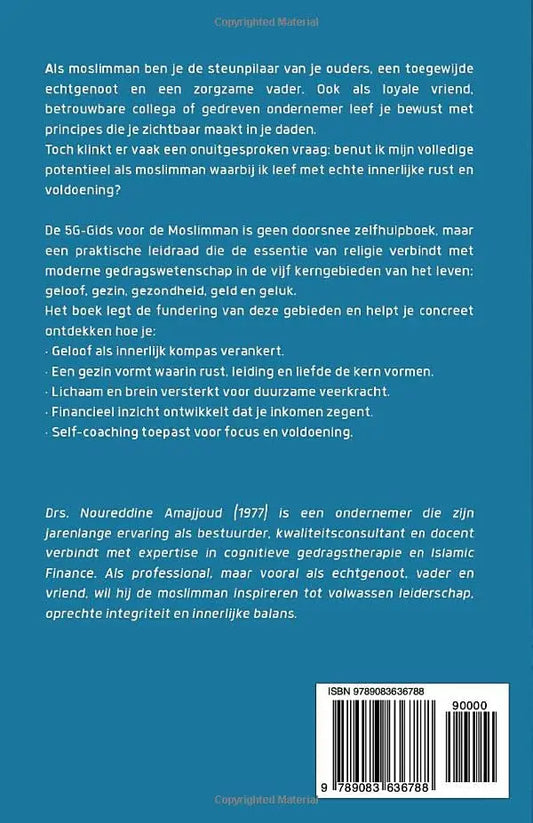 Blauwe boekomslag met witte tekst en barcode van de 5g-gids voor de moslimman praktische leidraad