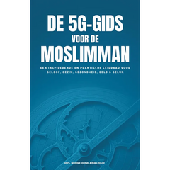 Boekdeksel blauw met witte tekst de 5g-gids voor de moslimman met subtiel cirkelontwerp en praktische leidraad