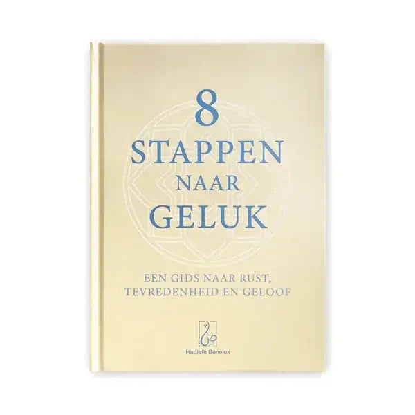 Een zacht crèmekleurig hardcover boek met elegante blauwe schreefletter en subtiel geometrisch ontwerp genaamd 8 stappen naar geluk