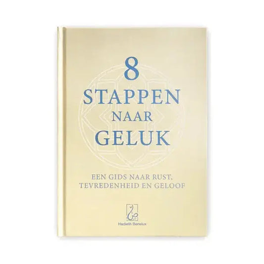 Een zacht crèmekleurig hardcover boek met elegante blauwe schreefletter en subtiel geometrisch ontwerp genaamd 8 stappen naar geluk