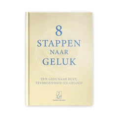 Een zacht crèmekleurig hardcover boek met elegante blauwe schreefletter en subtiel geometrisch ontwerp genaamd 8 stappen naar geluk