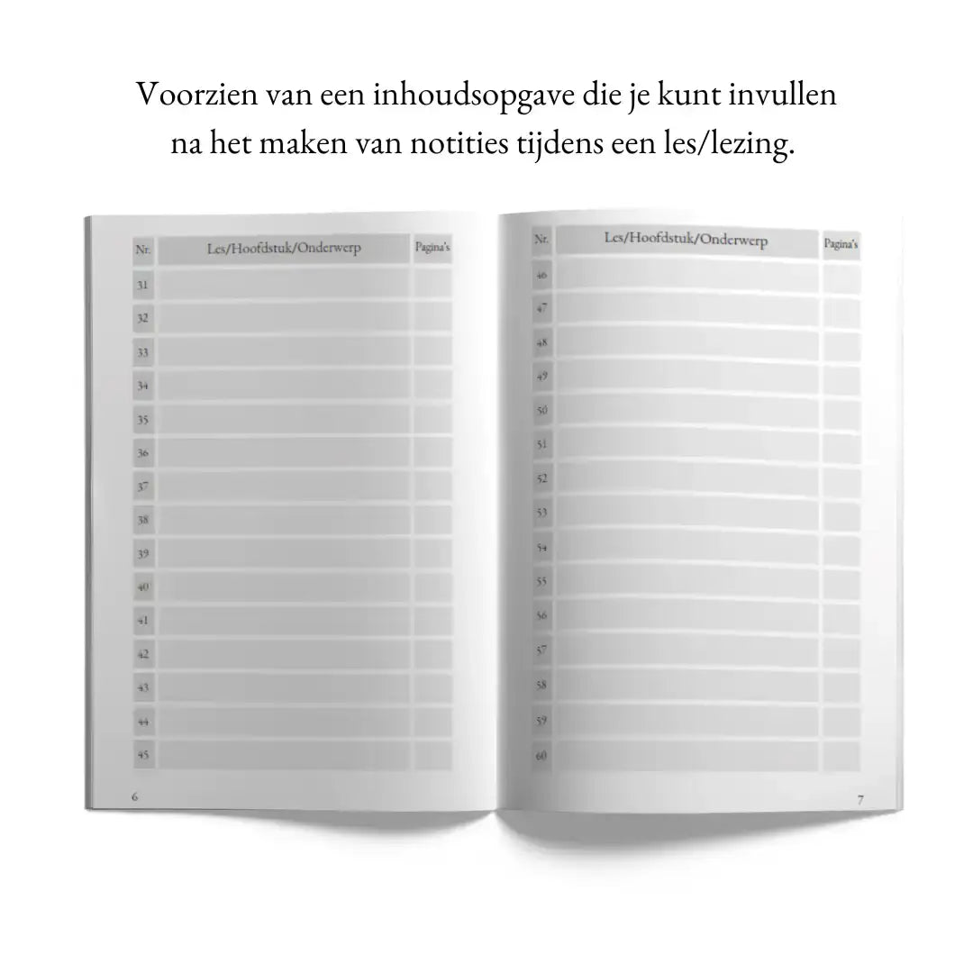 A4 notitieboek met minimalistische witte lijnen en grijze kopteksten voor lessen of hoofdstuknotities en paginanummers