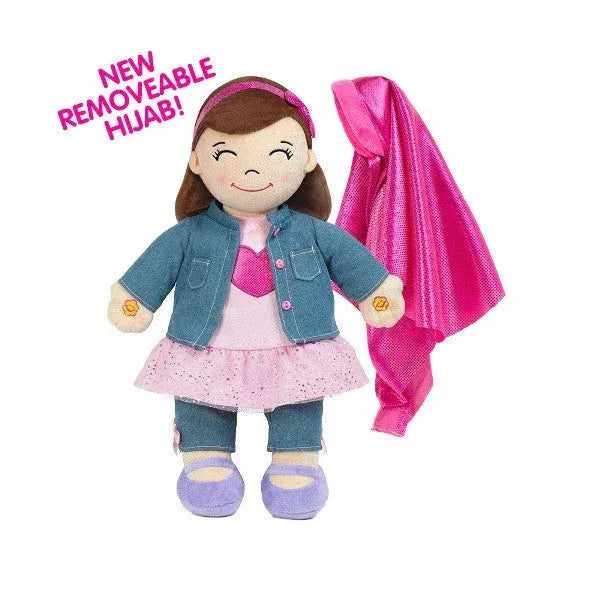 Aamina interactieve islamitische pop met bruine haren in denim jas roze jurk en paarse schoenen
