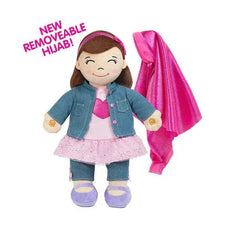 Aamina interactieve islamitische pop met bruine haren in denim jas roze jurk en paarse schoenen