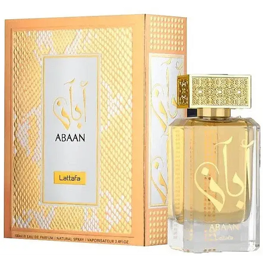 Een gouden facetten parfumfles van glas met een sierlijke gouden dop en arabische letters, product abaan