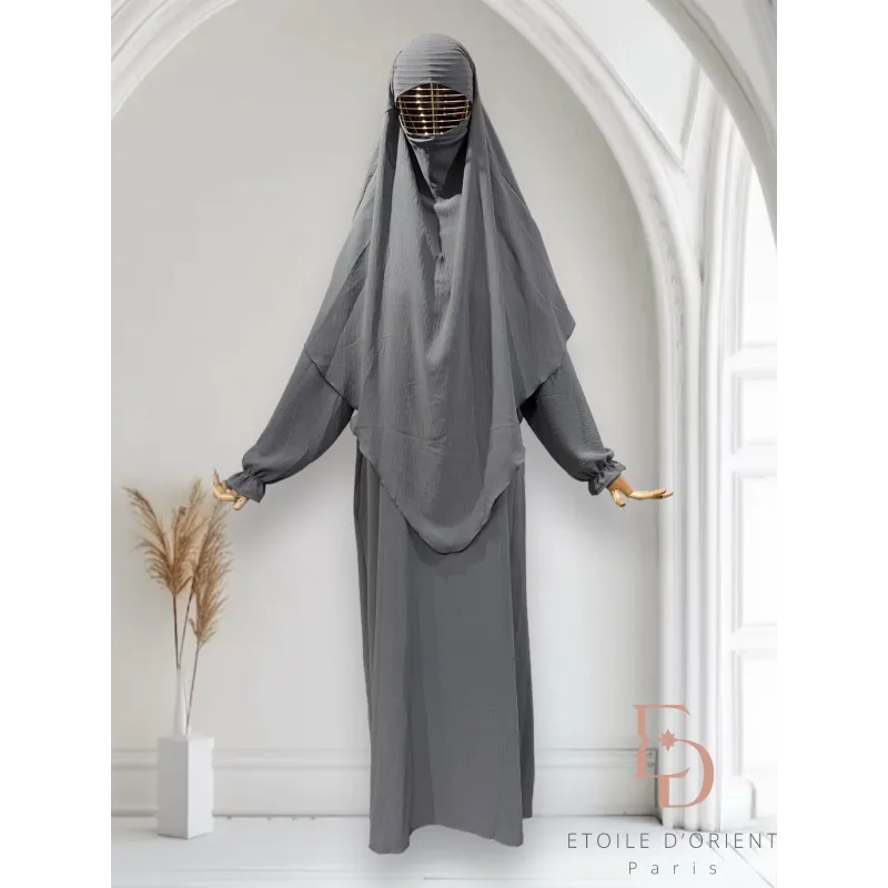 Grijze niqab en abaya set met gezichtsbescherming, Set Salima is de perfecte outfit