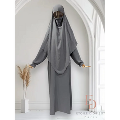 Grijze niqab en abaya set met gezichtsbescherming, Set Salima is de perfecte outfit