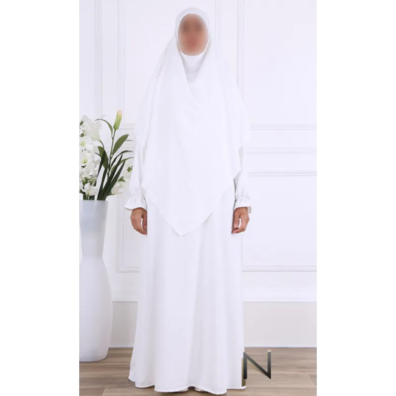 Witte Islamitische gebedskleding met lange mouwen en vloeiende rok, Khimar Set Salima