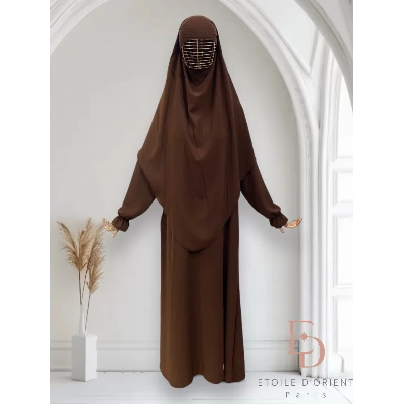 Bruine abaya met bijpassende niqab, perfecte outfit in khimar set Salima