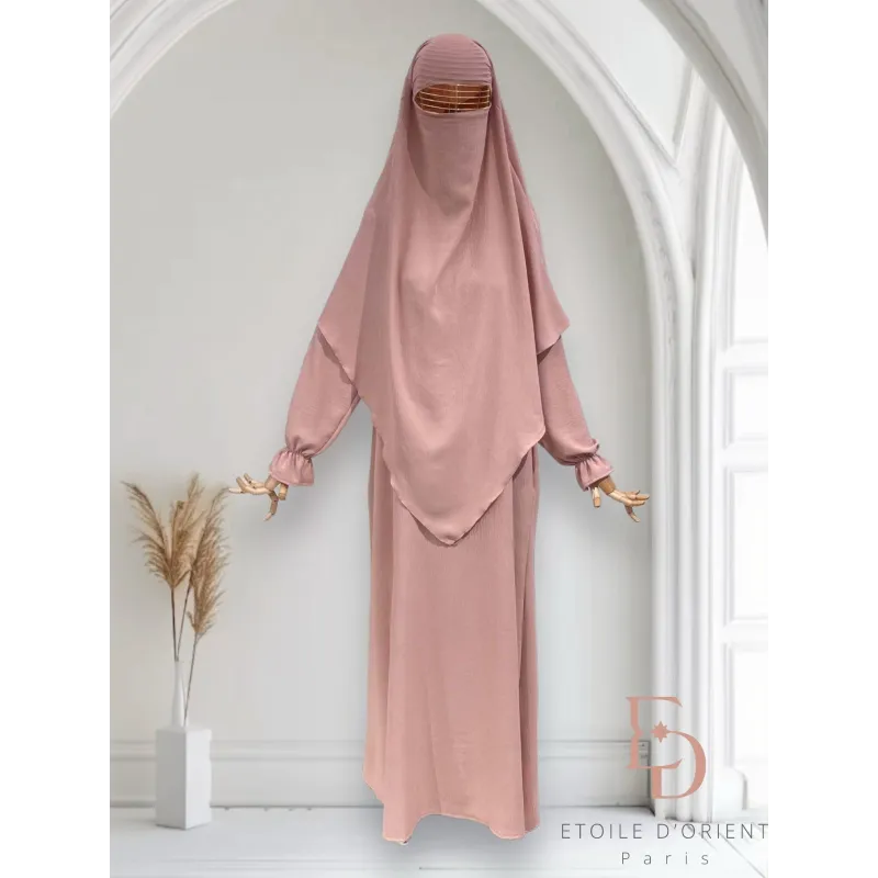 Roze niqab en abaya set met bijpassende gezichtsluier, Set Salima, perfecte outfit