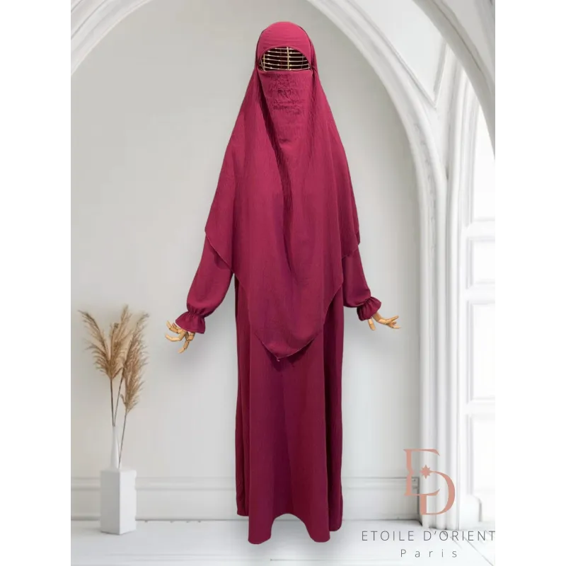 Bordeaux niqab jurk met bijpassende sluier en oogscherm, Set Salima perfecte outfit