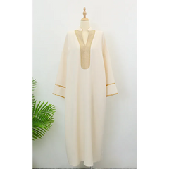 Crèmekleurige abaya met gouden rand en diepe V-hals - Salwa kaftan