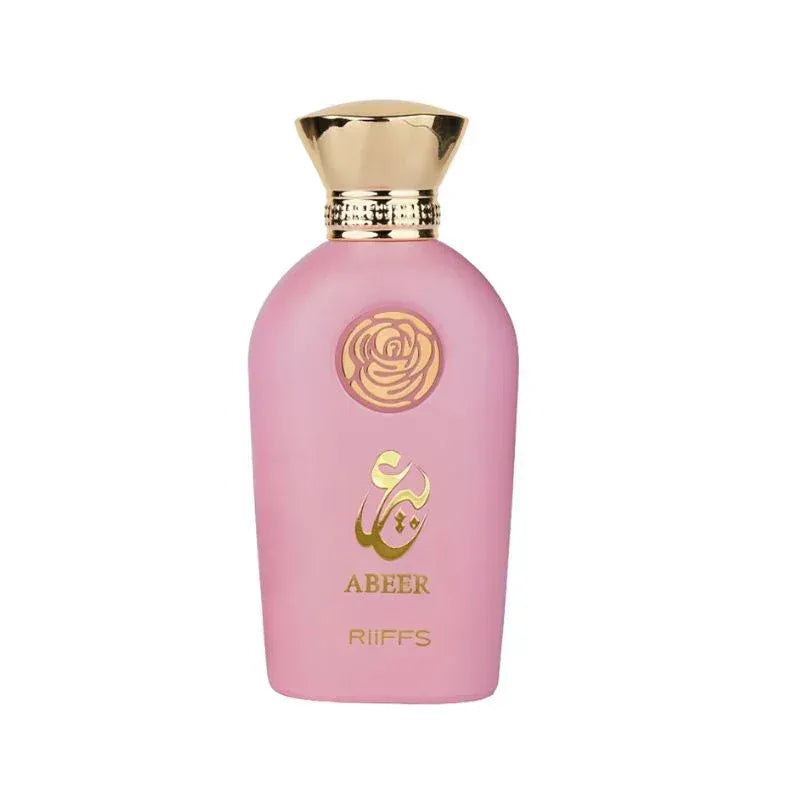 Roze parfumfles met gouden dop en rozenembleem voor Abeer parfumproduct