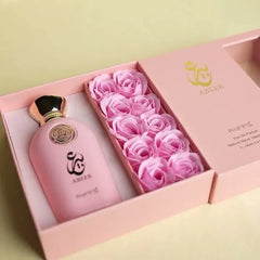 Abeer roze-geur cadeau met roze parfumfles en rozen zeep in een cadeauverpakking