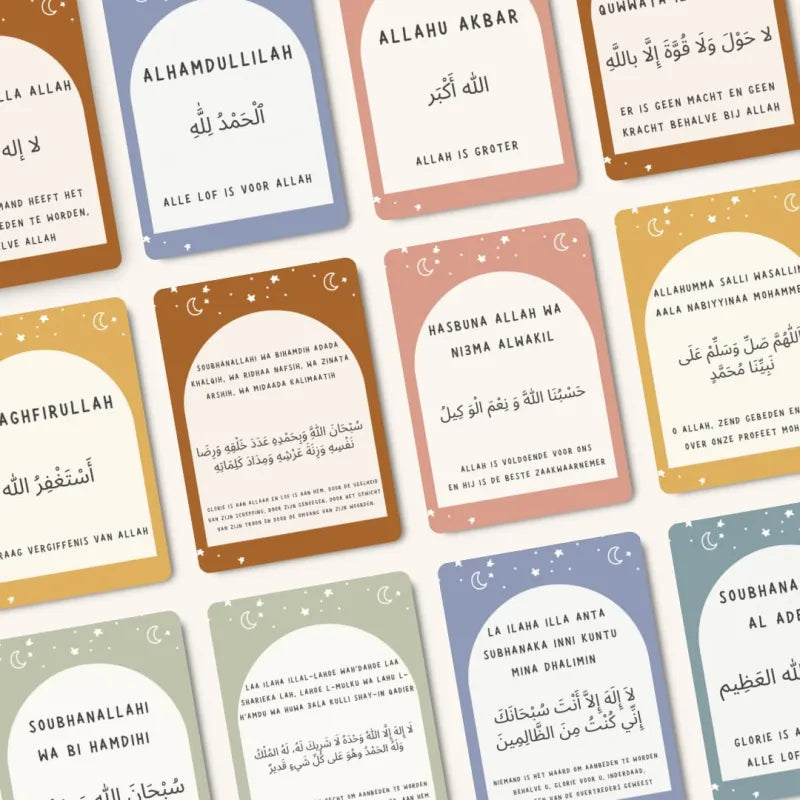 Collection van Adhkaar kaartenset in pastelkleuren met Arabische tekst en vertalingen