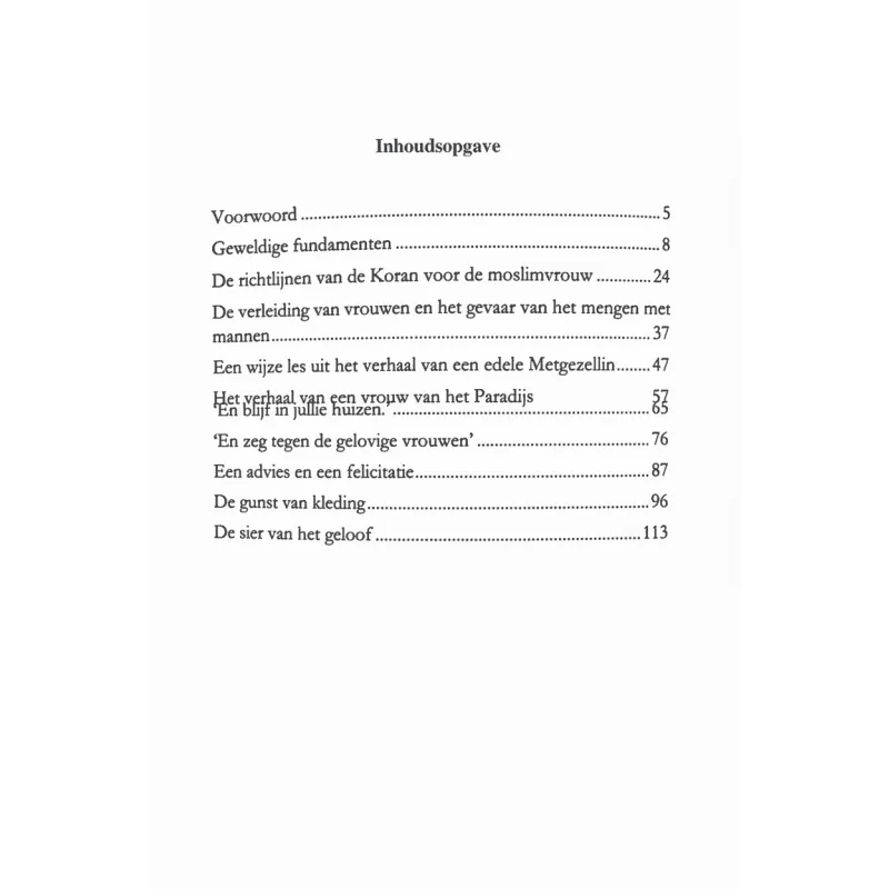 The table of contents page of the dutch book adviezen aan de muslimvrouw with black text on white paper