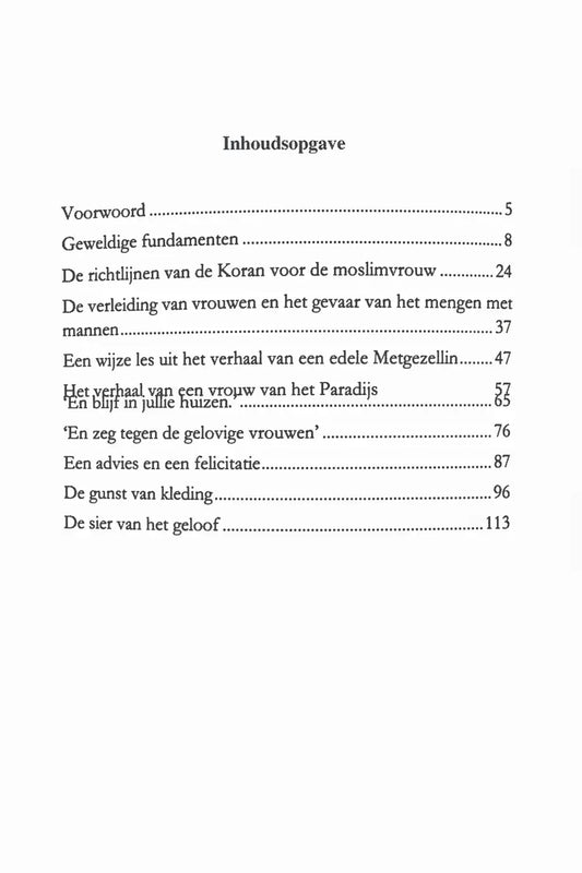The table of contents page of the dutch book adviezen aan de muslimvrouw with black text on white paper