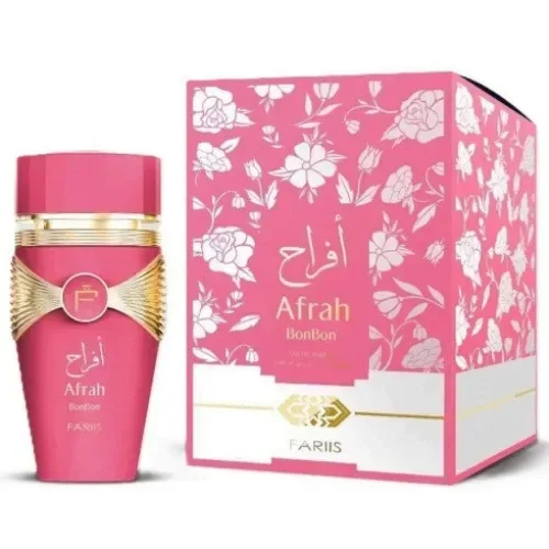 Roze afrah bonbon edp parfumfles met gouden accenten en decoratieve strik voor damesgeurgebruik