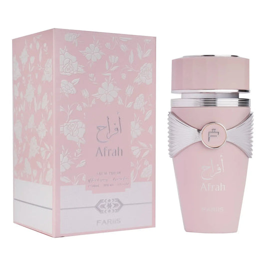 Roze glazen parfumfles afrah edp met zilveren strik en dop met merknaam op het oppervlak