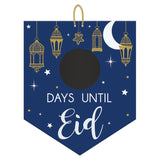 Navy blauwe aftelbord van mdf met krijtbord met gouden lampionnen sterren en maan en witte tekst days until eid