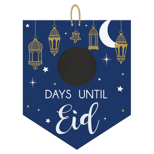 Navy blauwe aftelbord van mdf met krijtbord met gouden lampionnen sterren en maan en witte tekst days until eid