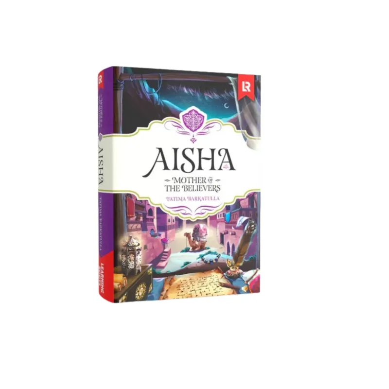 Een hardcover boek aisha mother of the believers door fatima barkatulla met een kleurrijke paarse en gouden illustratie