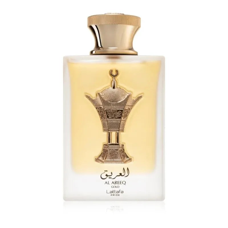 Gouden Al Areeq Gold parfumfles met Arabisch schrift en ornamenten van Lattafa