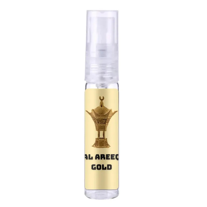 Gouden Al Areeq Gold parfumfles met spuitdop en ornamenten, Lattafa Parfum