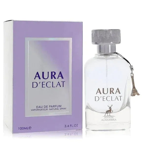 Een parfumfles met Aura D’Eclat en paarse en witte verpakking van Al Hambra Parfum