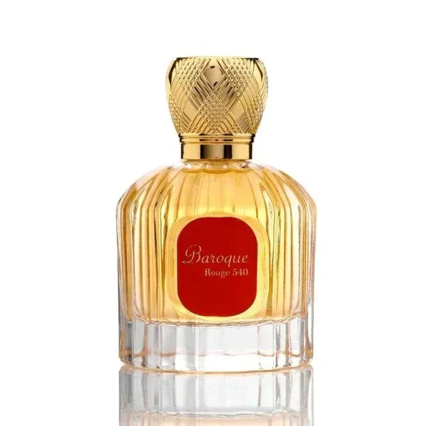 Gouden parfumfles met rode label en ornate dop van Al Hambra Parfum Baroque Rouge 540