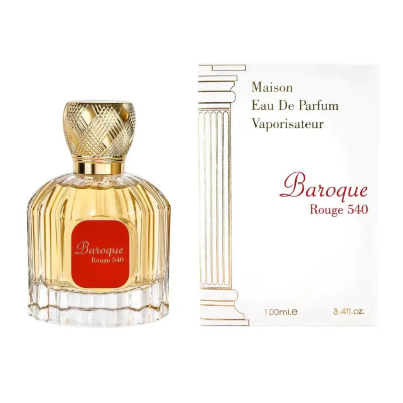 Ornate glass perfume bottle for Al Hambra Parfum Baroque Rouge 540 with elegant packaging