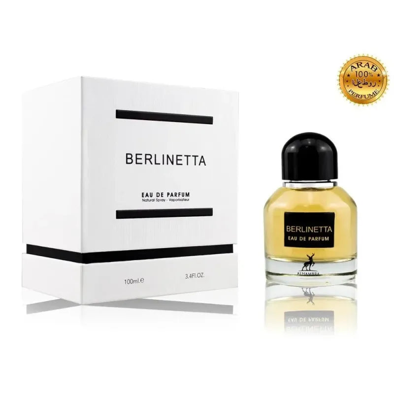 Minimalistisch zwart-wit ontwerp van de Al Hambra Parfum Berlinetta geur en verpakking