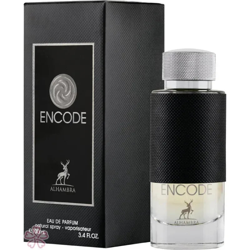 Zwart-zilveren parfumfles van Al Hambra Parfum Encode met verpakking