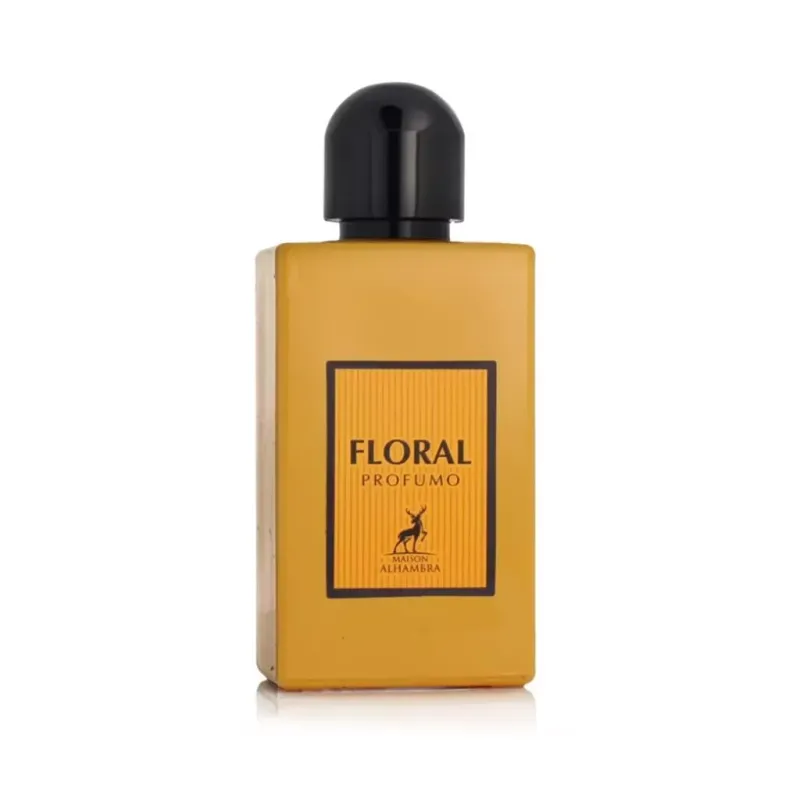 Geel parfumflacon met zwart dop en Floral label van Al Hambra Parfum Floral