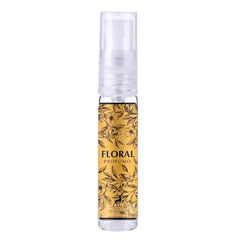 Heldere sprayfles met gouden bloemenpatroon voor Al Hambra Parfum Floral