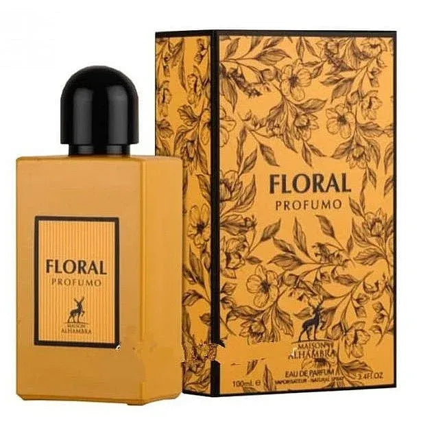 Gouden parfum fles en doos met bloemenontwerp van Al Hambra Parfum Floral