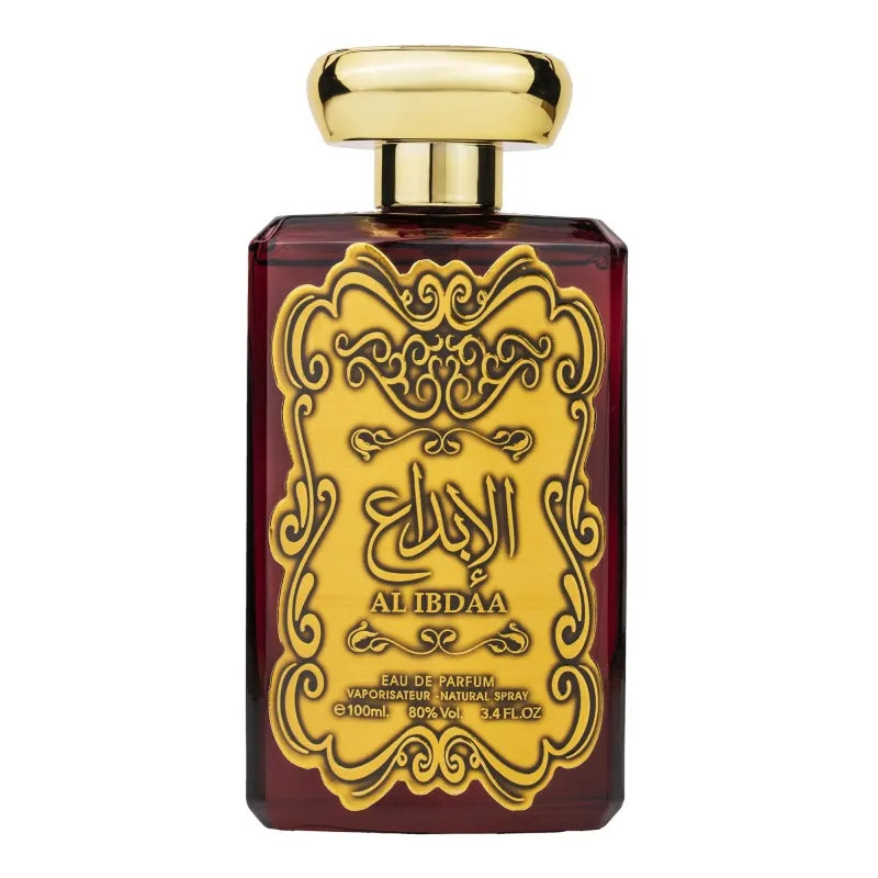 Burgundy en gouden sierlijke parfumfles voor Ard al Zaafaran al Ibdaa Gold unisex inhoud