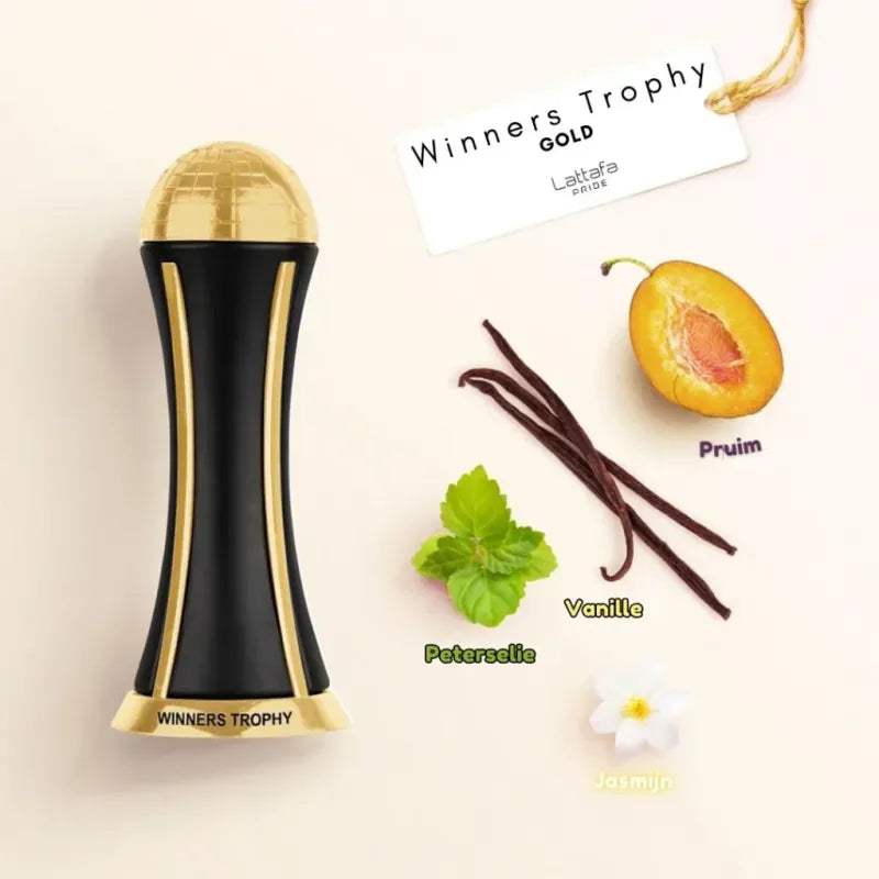 Zwarte en gouden Al Khas Winners Trophy Gold parfumfles van Lattafa Parfum