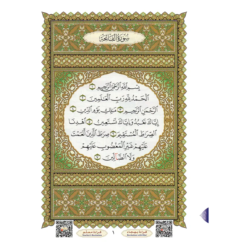 Ornate Quranpagina met Surah Al-Fatiha in calligraphy, bordered met groene en gouden patronen