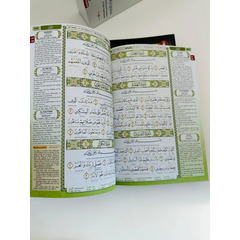 Open islamitisch heilig boek Al Quran Al Kareem Maqdis B5 formaat met groene en witte pagina’s