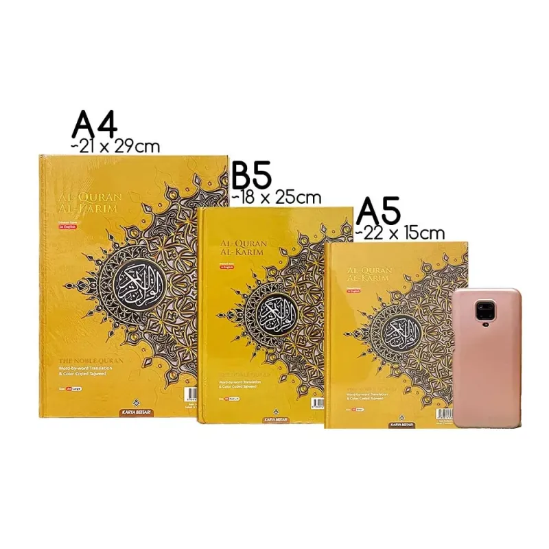 Drie gele boeken en een telefoon bij Al Quran Al Kareem Maqdis B5 met kleurgecodeerde tajweed