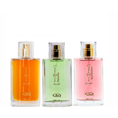 Drie parfumflessen met goudspray en doorzichtige doppen in oranje, groen en roze voor Choco Musk, Pistachio Musk en Marshmallow Musk