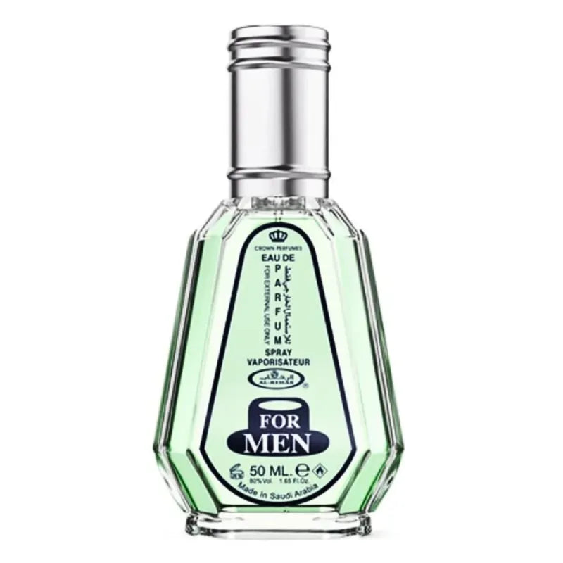 Faceted glass bottle with silver cap of Al-Rehab Parfum for Man