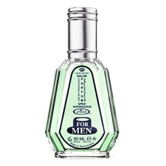 Faceted glass bottle with silver cap of Al-Rehab Parfum for Man