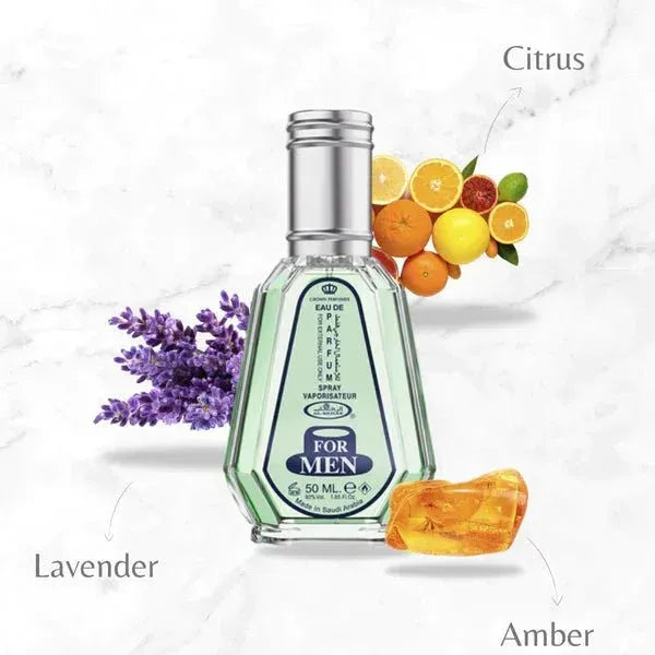 Al-Rehab Parfum For Man, citrus, lavender, and amber accents in elegant bottle