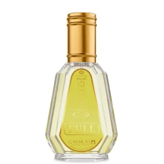 Trapeziumvormige parfumfles met gouden dop van Al-Rehab Parfum Full